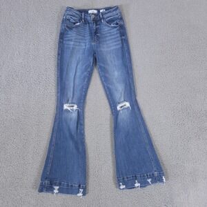 KanCan Jeans Womens 25 Blue Flare Medium Wash High Rise Distressed Stretch